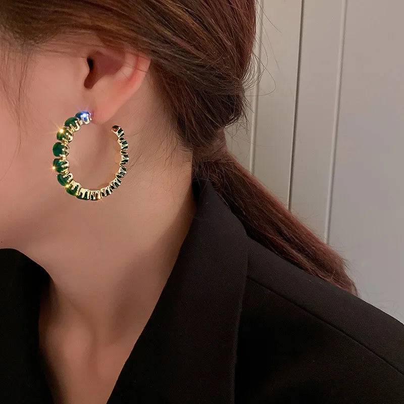 Shiny Luxury High-Quality Inlay Hoop Earrings Round Green Zircon Crystal Earrings for Women Engagement Party Jewelry Gifts