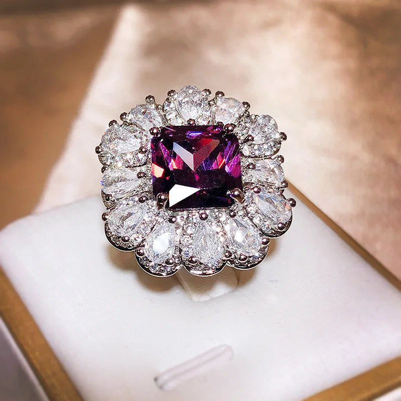 Exquisite Brilliant Purple Square Master Zircon Ring - Sterling Silver Water Drop Full Diamond Ring