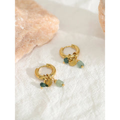 18K Gold Plated Stainless Steel Hoop Earrings for Women with Vintage Green Natural Stone Charms