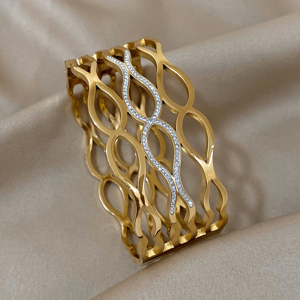 AENSOA Hollow 18K Gold Plated Geometric Wide Cuff Bangle Bracelet