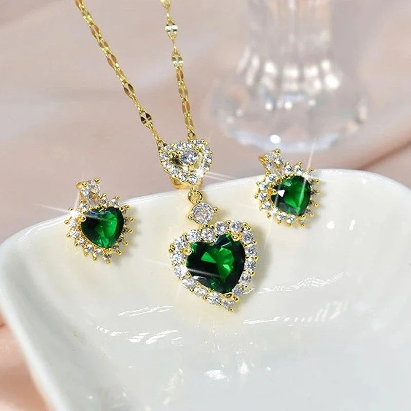 Luxury Heart-shaped Necklace and Earrings Jewelry Set with Green Zircon