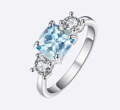 Square Natural Sky Blue Topaz Sterling Silver 3 Stone Ring