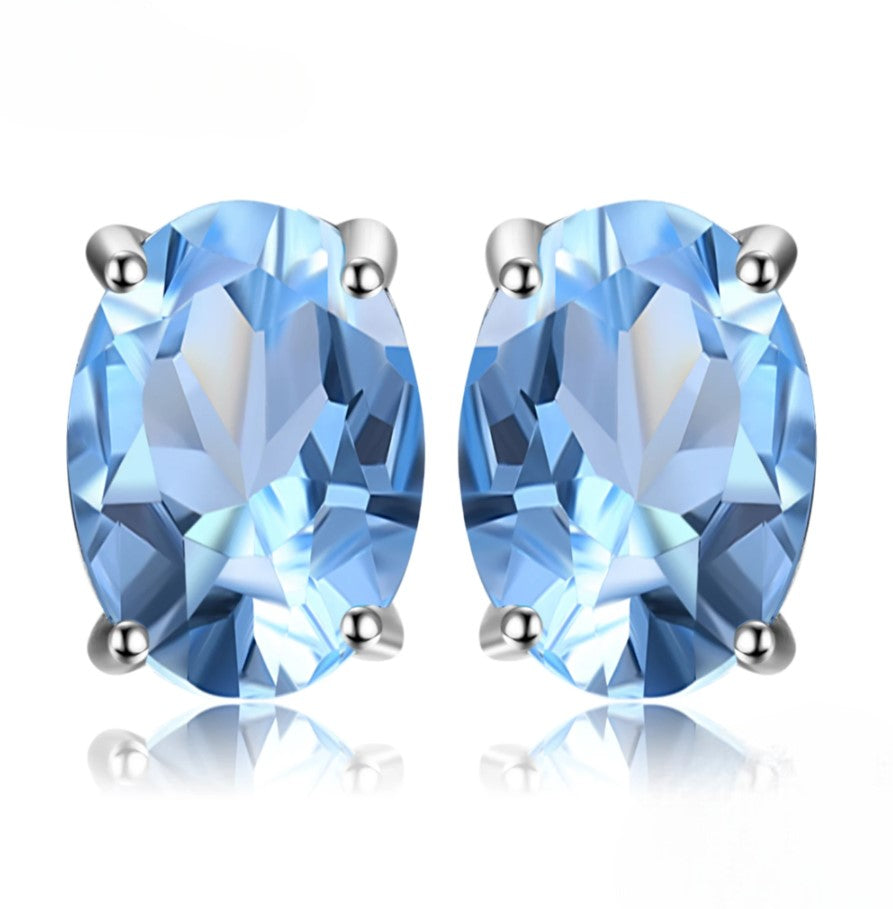 Classic Oval Blue Topaz Sterling Silver Stud Earrings