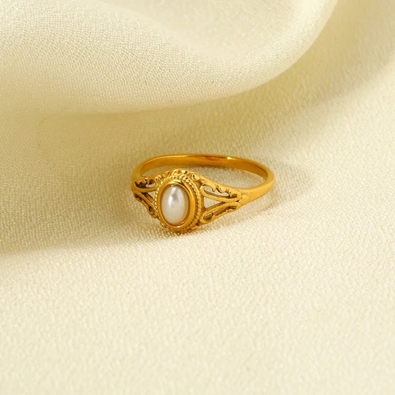 Minimalist Gold-Plated Stainless Steel Pearl Gemoteric Ring for Women