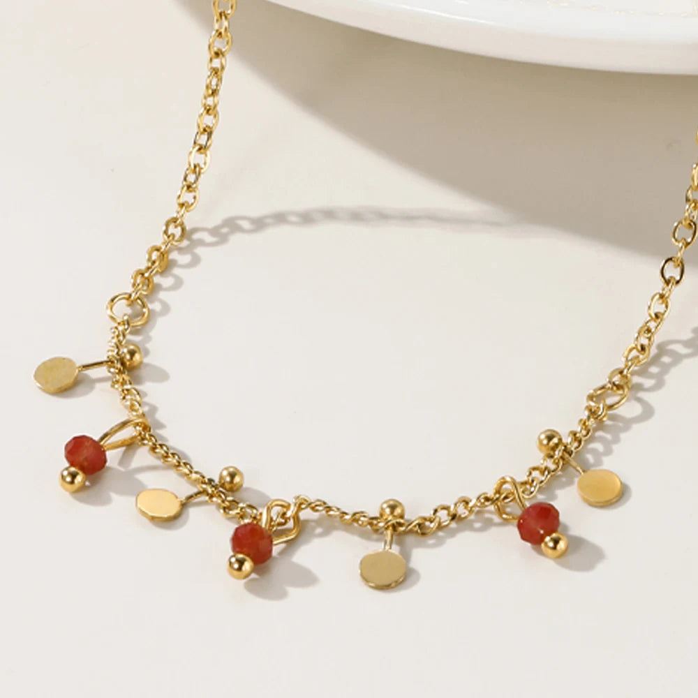 18K Gold Plated Stainless Steel Chain Bracelets with Red Acrylic Ball Charms