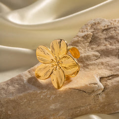 Waterproof 18K Gold Color Stainless Steel Flower Open Ring for Women