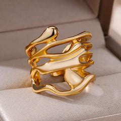 Stainless Steel Rings For Women Men Gold Color Hollow Wide Ring