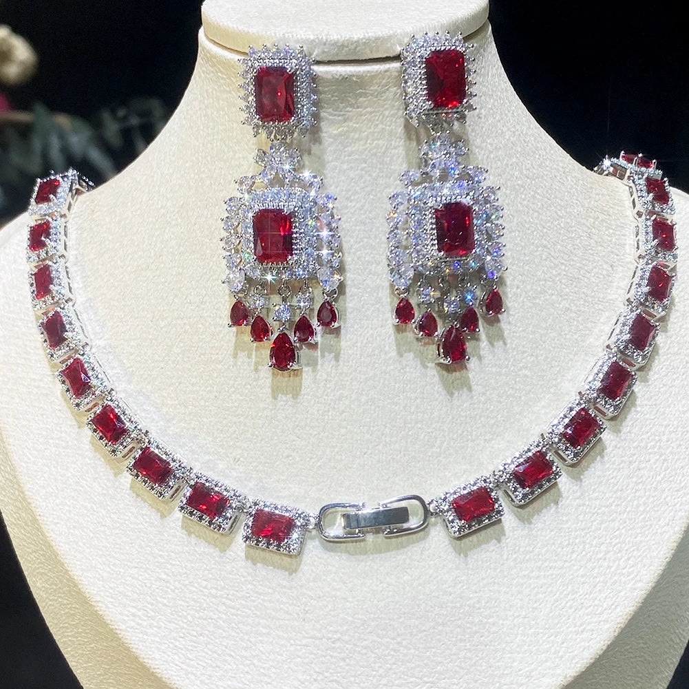 Elegant Geometric CZ Stone Earrings and Necklace Set