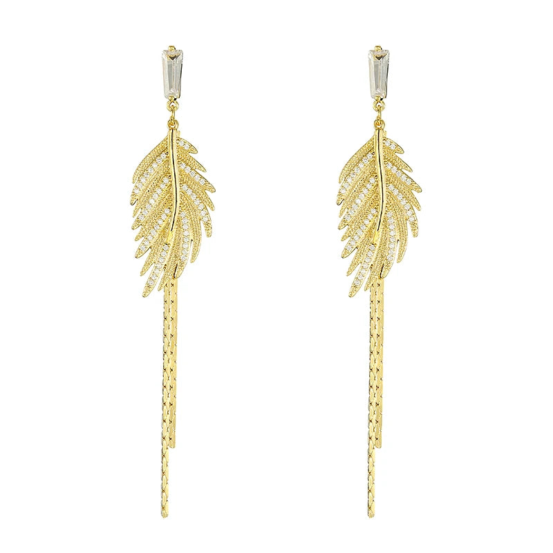 Luxury 14K Real Gold Plated Leaves Tassel Stud Earrings for Women