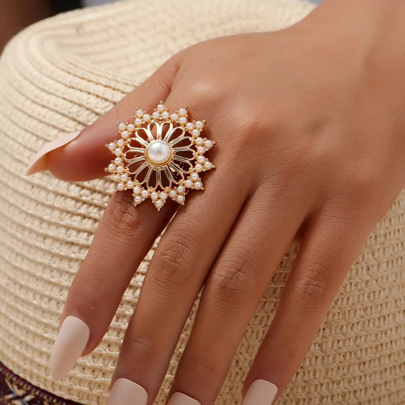 Ethnic Style Floral Ring with Pearl and Zircon Embellishments