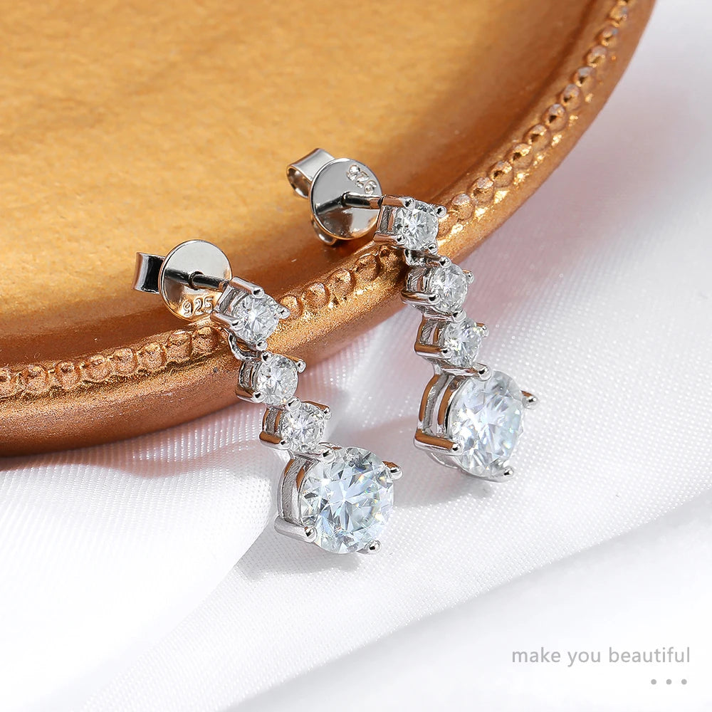 D VVS1 Moissanite Drop Earrings: Sterling Silver with White Gold Plating